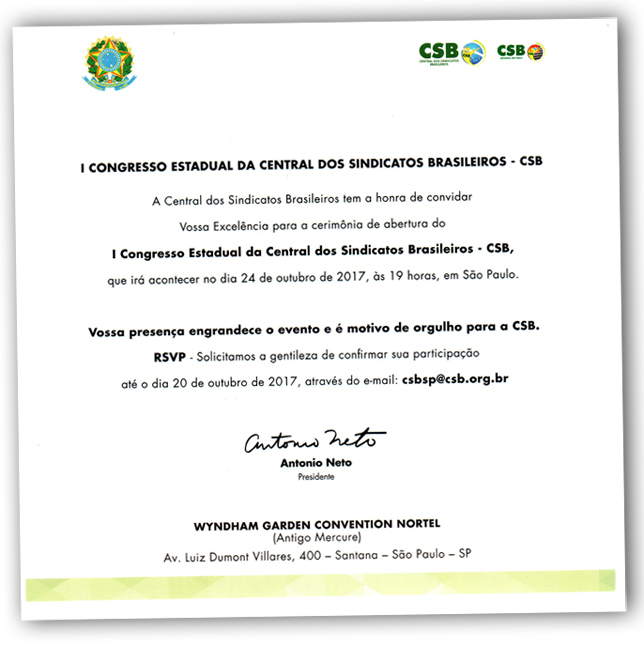 CSB convida a Fesspmesp e seus dirigentes para o Congresso Estadual. Vagas limitadas!