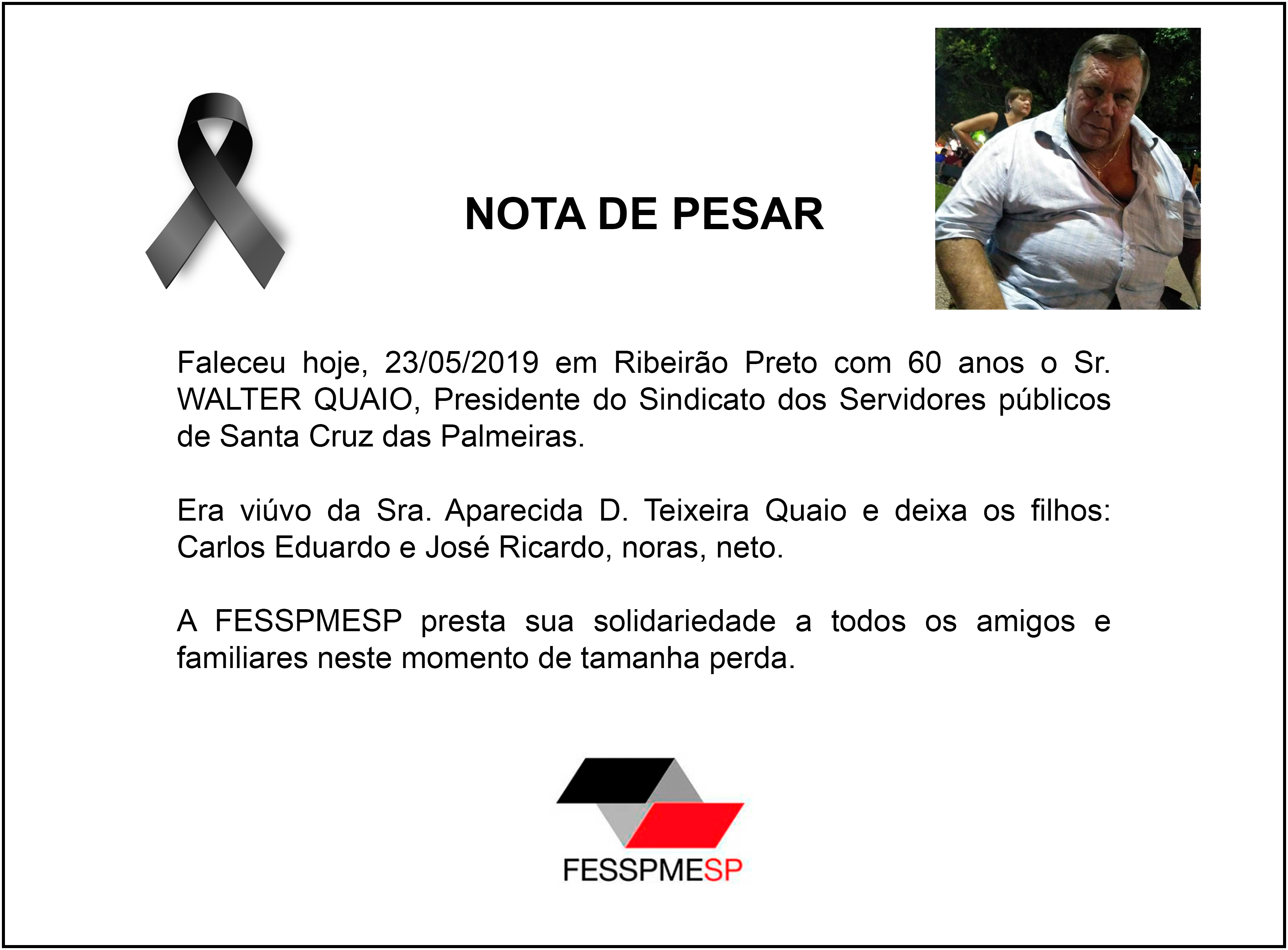 Nota de pesar: A FESPMESP presta sua solidariedade à toda a família de Walter Quaio, pelo seu falecimento