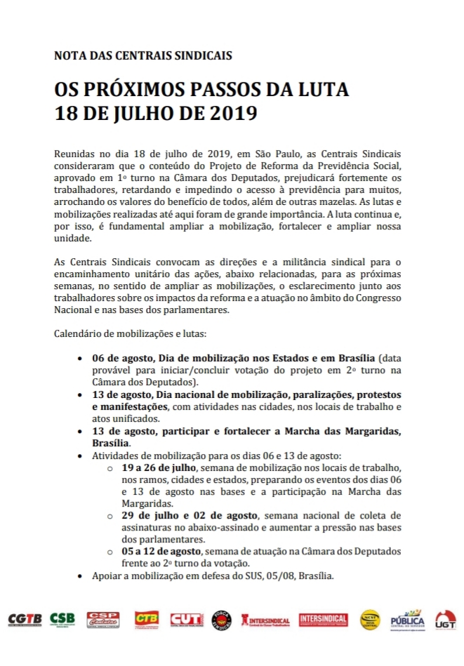 Nota oficial do Fórum Unificado das Centrais Sindicais, encontro do dia 18 de julho de 2019