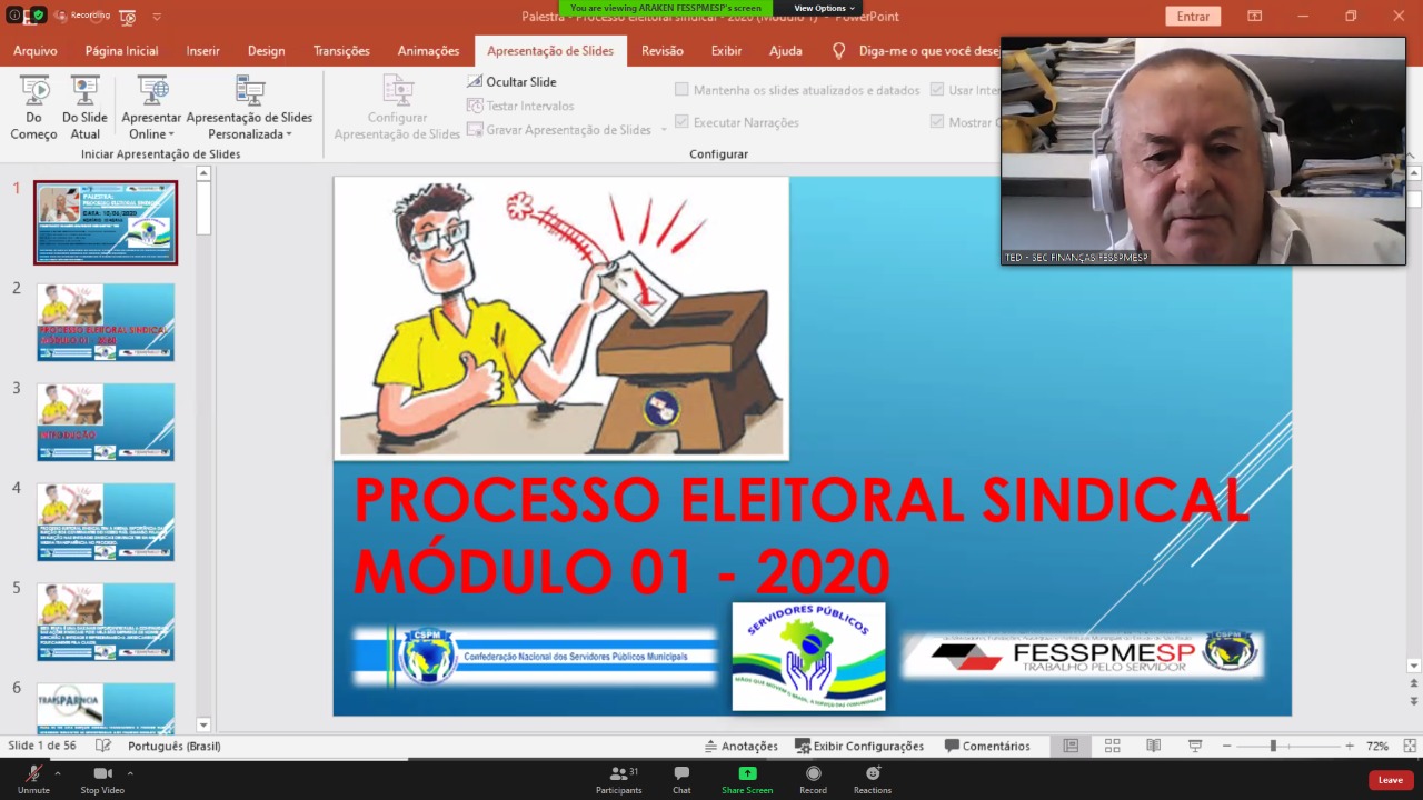 Reunião semanal virtual da direção FESSPMESP e sindicatos filiados com palestra de Cláudio Aparecido dos Santos