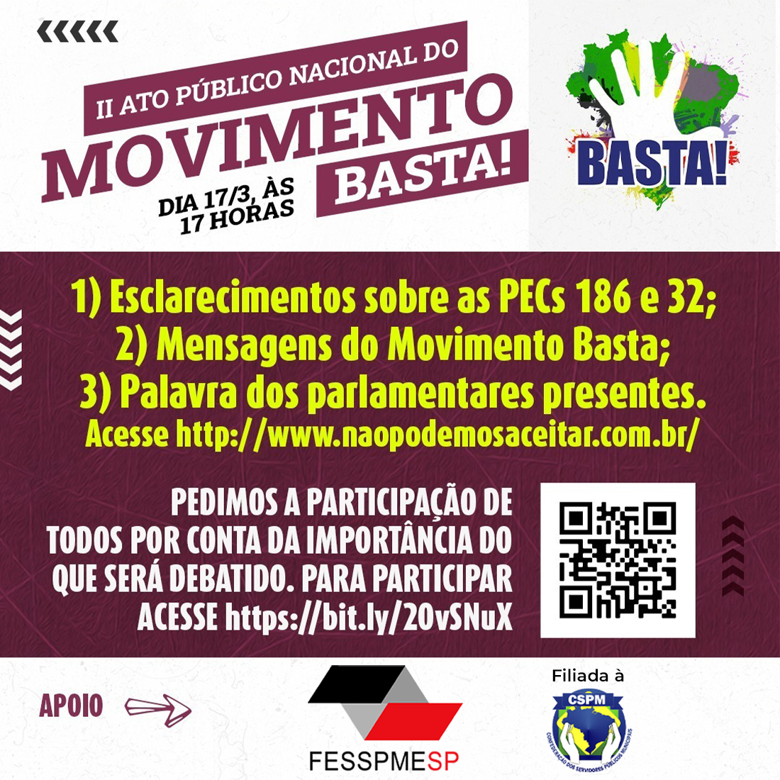 FESSPMESP convoca todos os filiados para o II Ato Público Nacional do Movimento BASTA!