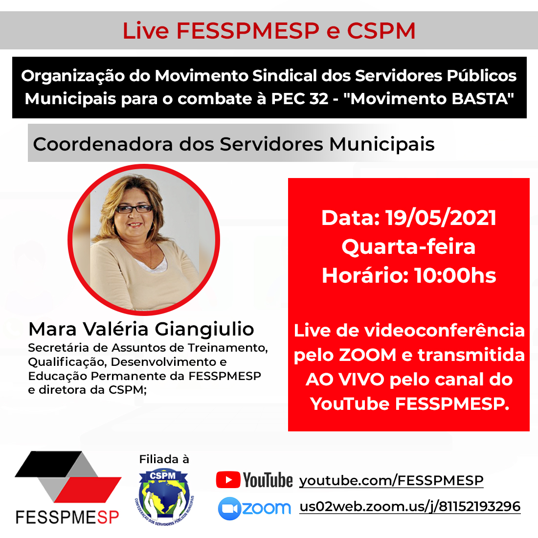 FESSPMESP divulga mais uma Live em conjunto da CSPM e seus filiados com transmissão ao vivo