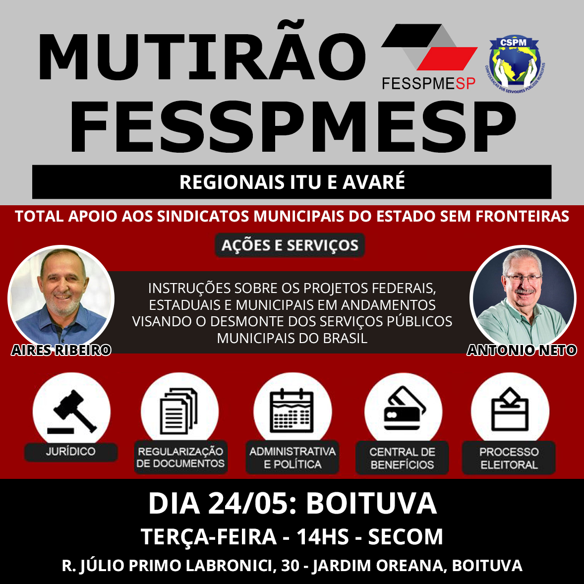 FESSPMESP divulga o seu próximo Mutirão Presencial: Regionais de Itu e Avaré